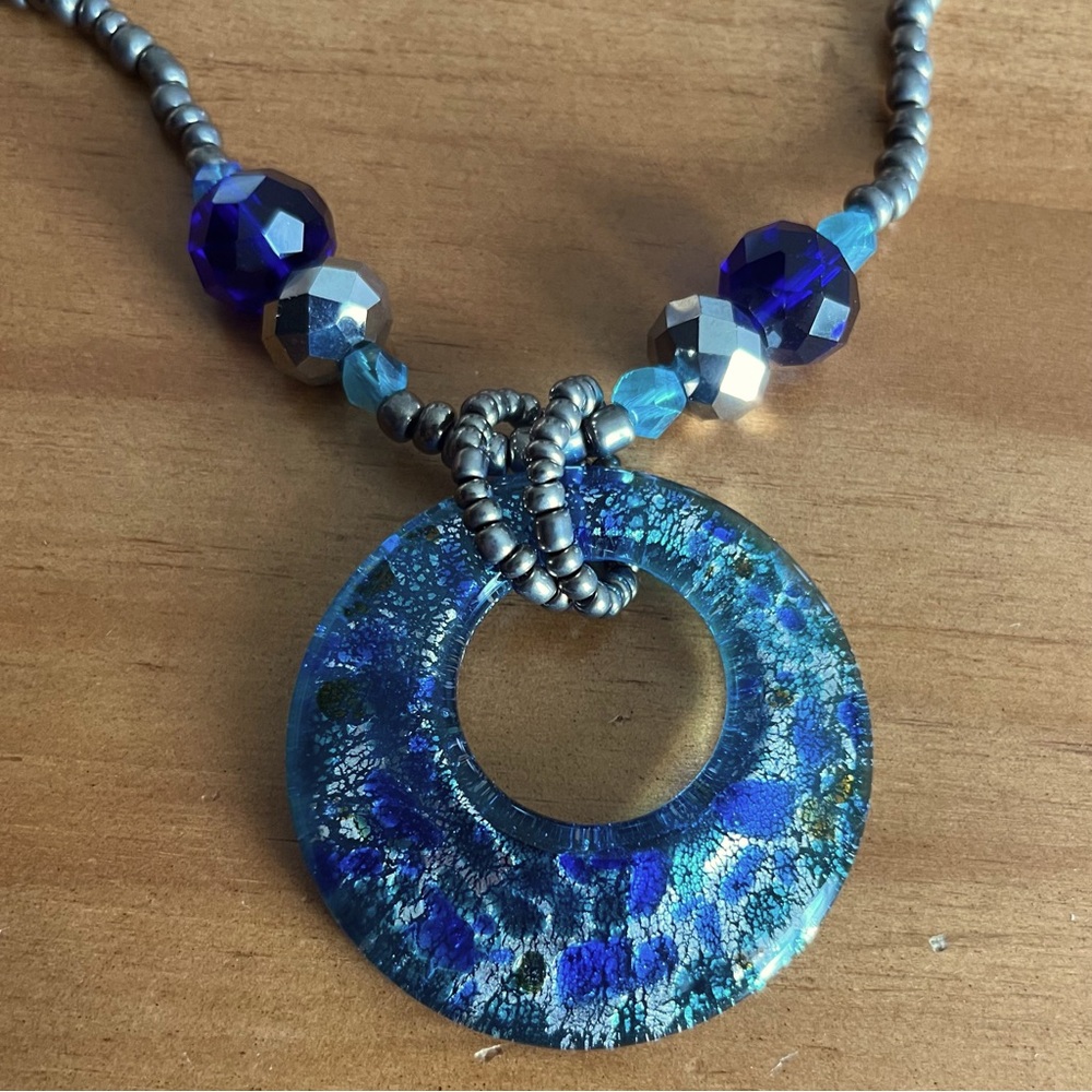 BOGO Vintage Blue Dichroic Glass Pendant on Beaded Necklace